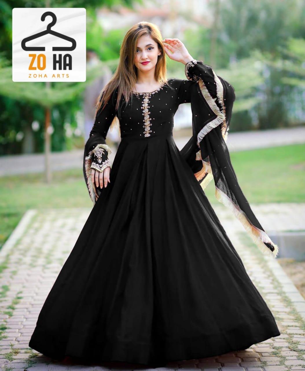 Stylish 3 Pcs Women's Stitched Embroidered Chiffon Maxi Suit in Black