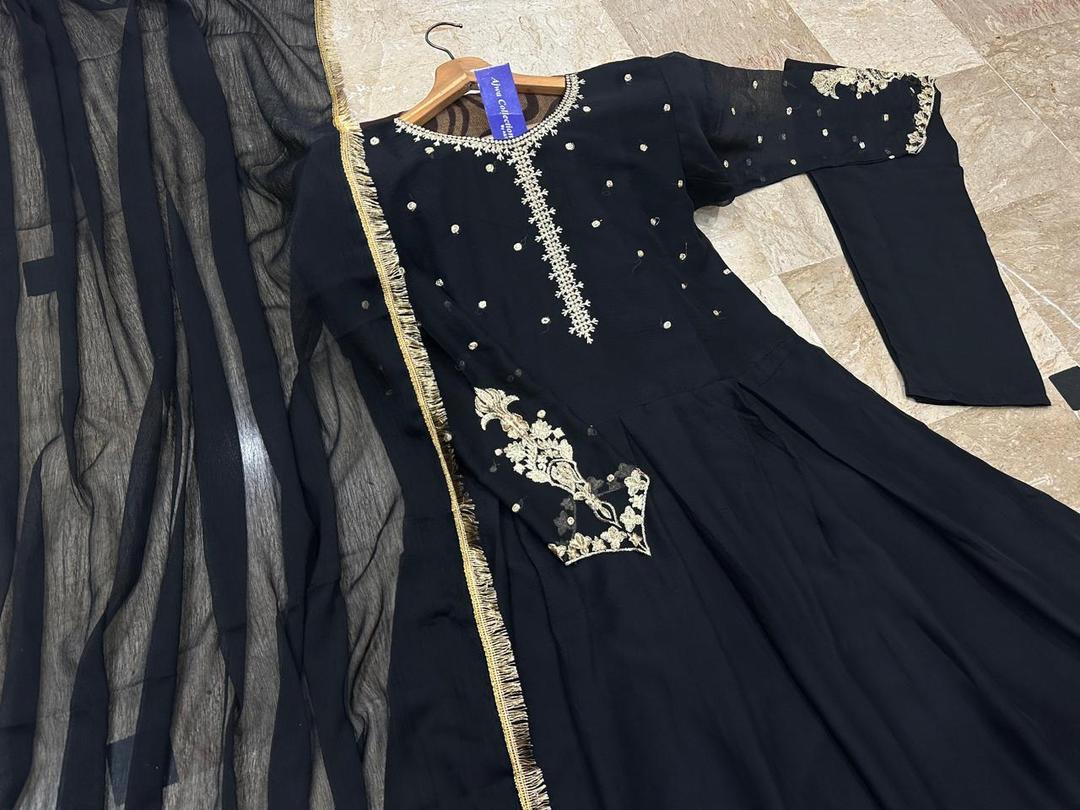 Stylish 3 Pcs Women's Stitched Embroidered Chiffon Maxi Suit in Black
