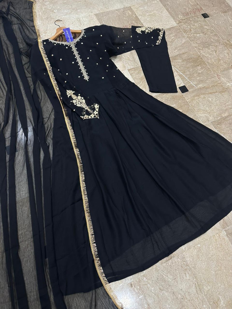 Stylish 3 Pcs Women's Stitched Embroidered Chiffon Maxi Suit in Black