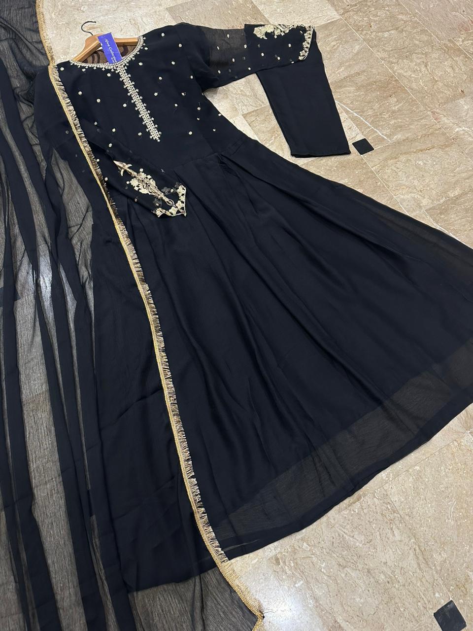 Stylish 3 Pcs Women's Stitched Embroidered Chiffon Maxi Suit in Black