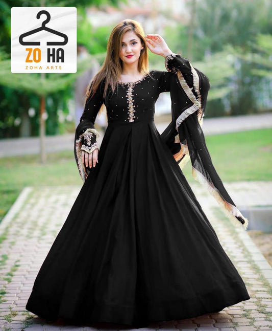 Stylish 3 Pcs Women's Stitched Embroidered Chiffon Maxi Suit in Black