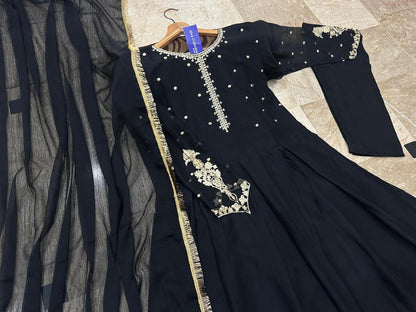 Stylish 3 Pcs Women's Stitched Embroidered Chiffon Maxi Suit in Black