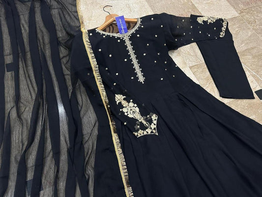 Stylish 3 Pcs Women's Stitched Embroidered Chiffon Maxi Suit in Black